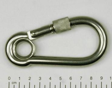 Edelstahl Karabiner, 10x100mm, Sicherung und Kausche, V4A, AISI 316, rostfrei