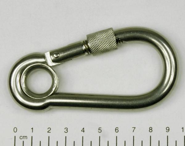 Edelstahl Karabiner, 10x100mm, Sicherung und Kausche, V4A, AISI 316, rostfrei