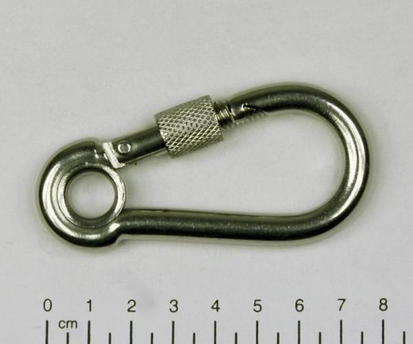 Edelstahl Karabiner, 8x80mm, Sicherung und Kausche, V4A, AISI 316, rostfrei