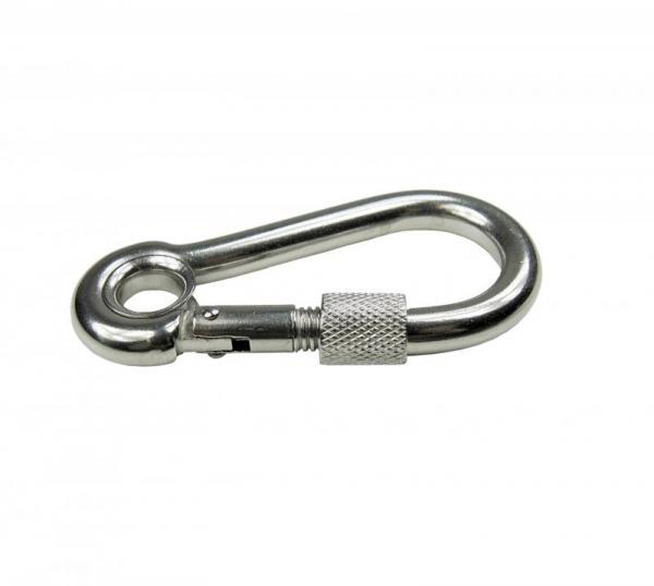 Edelstahl Karabiner, 8x80mm, Sicherung und Kausche, V4A, AISI 316, rostfrei
